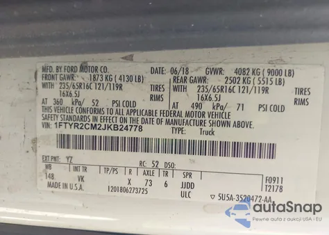 2018 Ford Transit-250 z USA, uszkodzony, nr VIN 1FTYR2CM2JKB24778